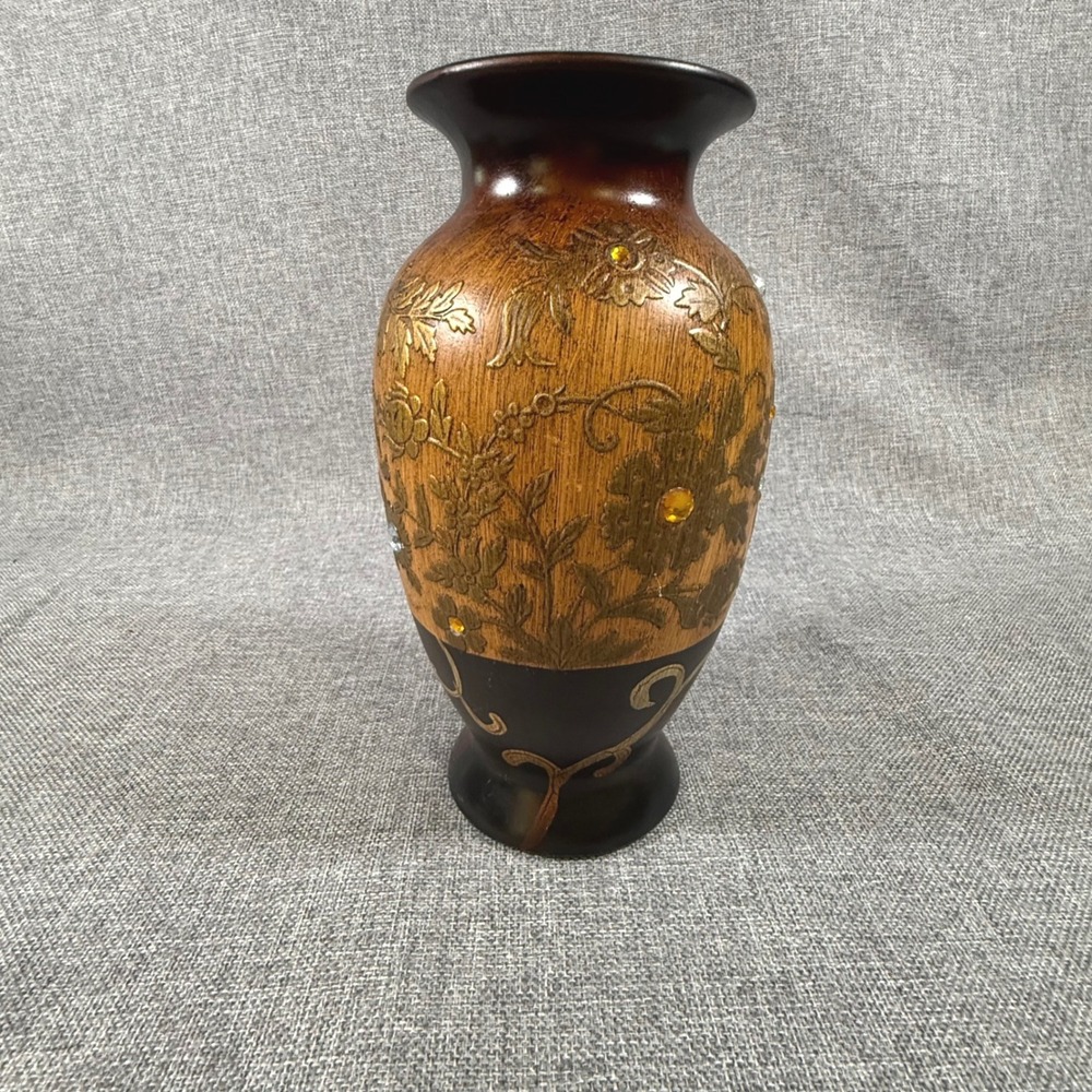 VTG Floral Etched Resin Table Top 10" Vase Brown Gold Rhinestone Ornate Gilded